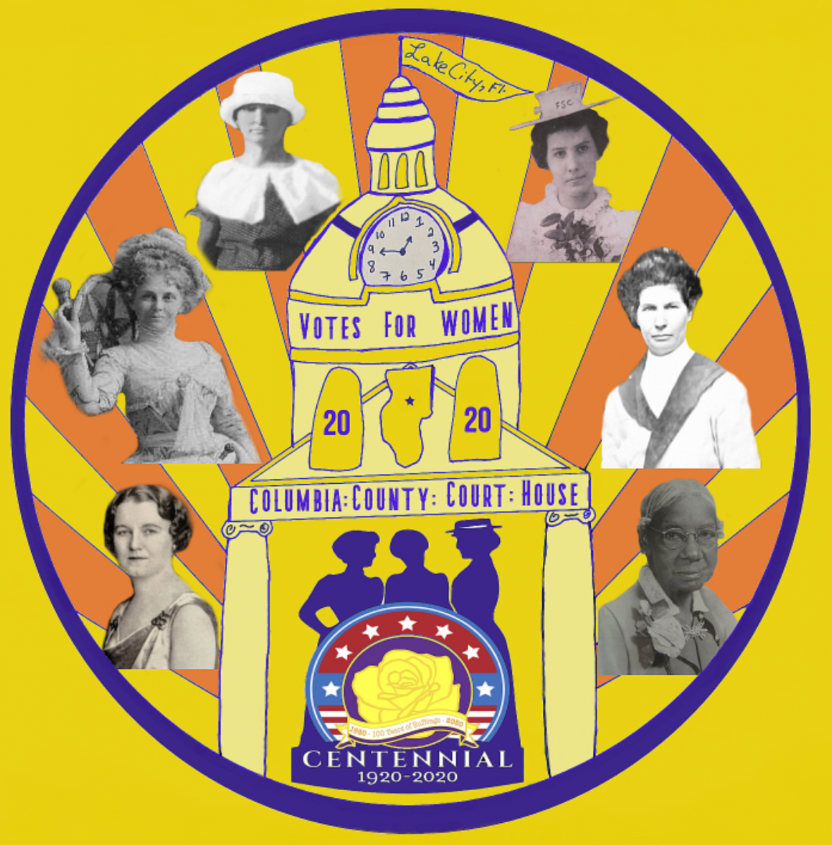 Women's Suffrage logo showing 6 women from the 1900's era and a drawing of the Columbia County clock tower